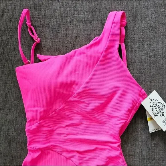 🆕️2023 BECCA BY REBECCA VIRTUE Pink Ribbed Asymmetrical One Piece Swimsuit M - Picture 12 of 14